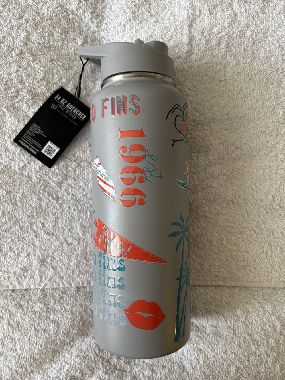 Miami Dolphins 34 oz Insulated Water Bottle Tumbler NFL Lets Go Fins Gray New